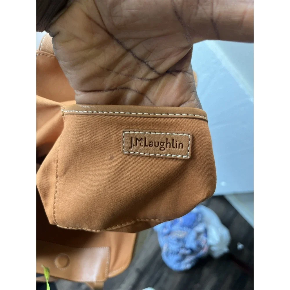 J. McLaughlin Tan Leather and Beige Canvas Hobo Bag